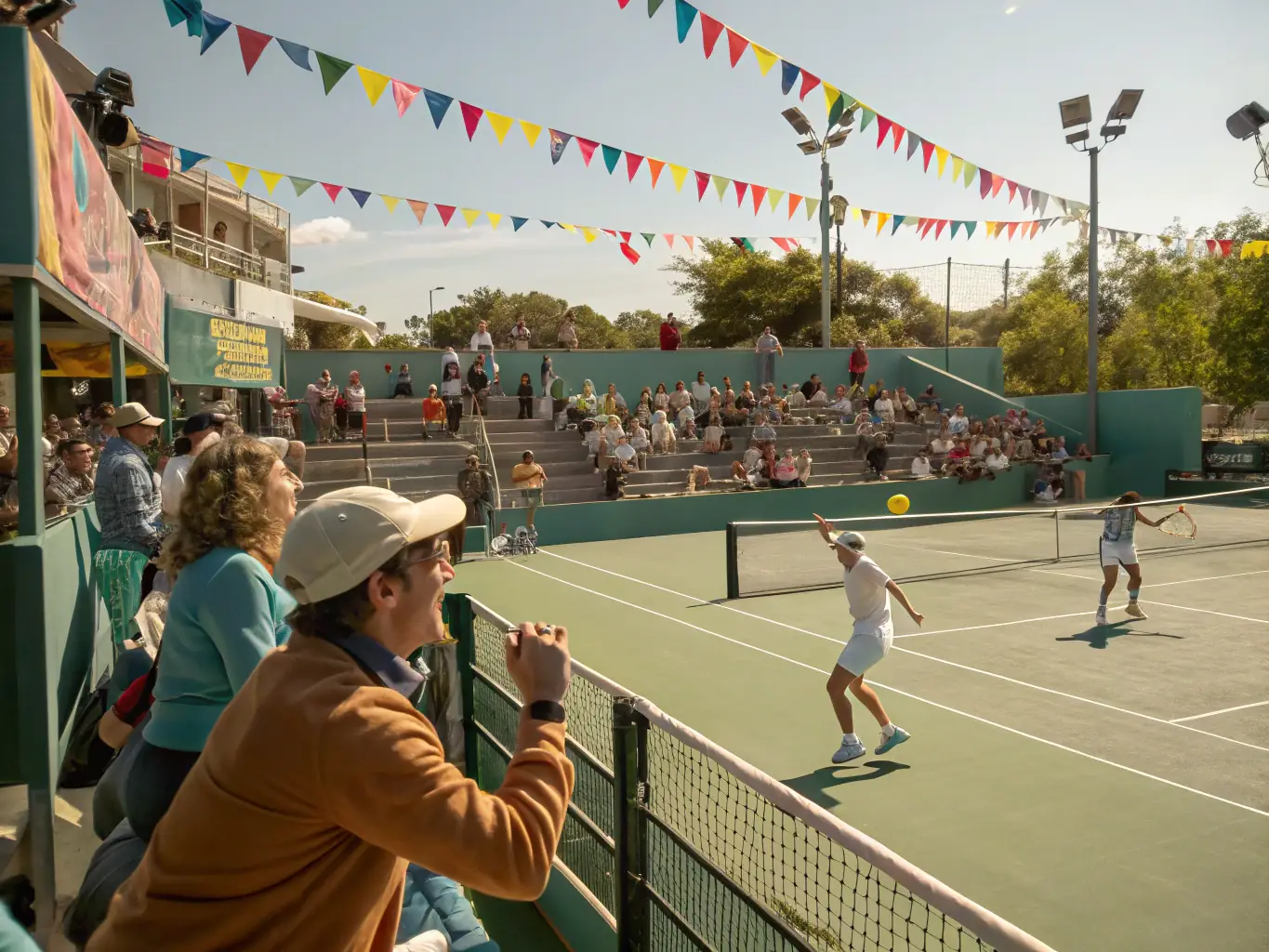 A photo of a community tennis event, with children and adults participating in fun tennis activities, highlighting community engagement.