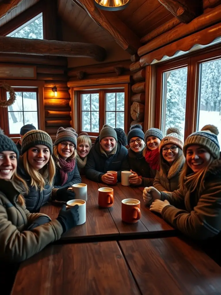 A group of club members enjoying après-ski activities at a cozy mountain lodge, laughing and sharing stories after a day on the slopes.
