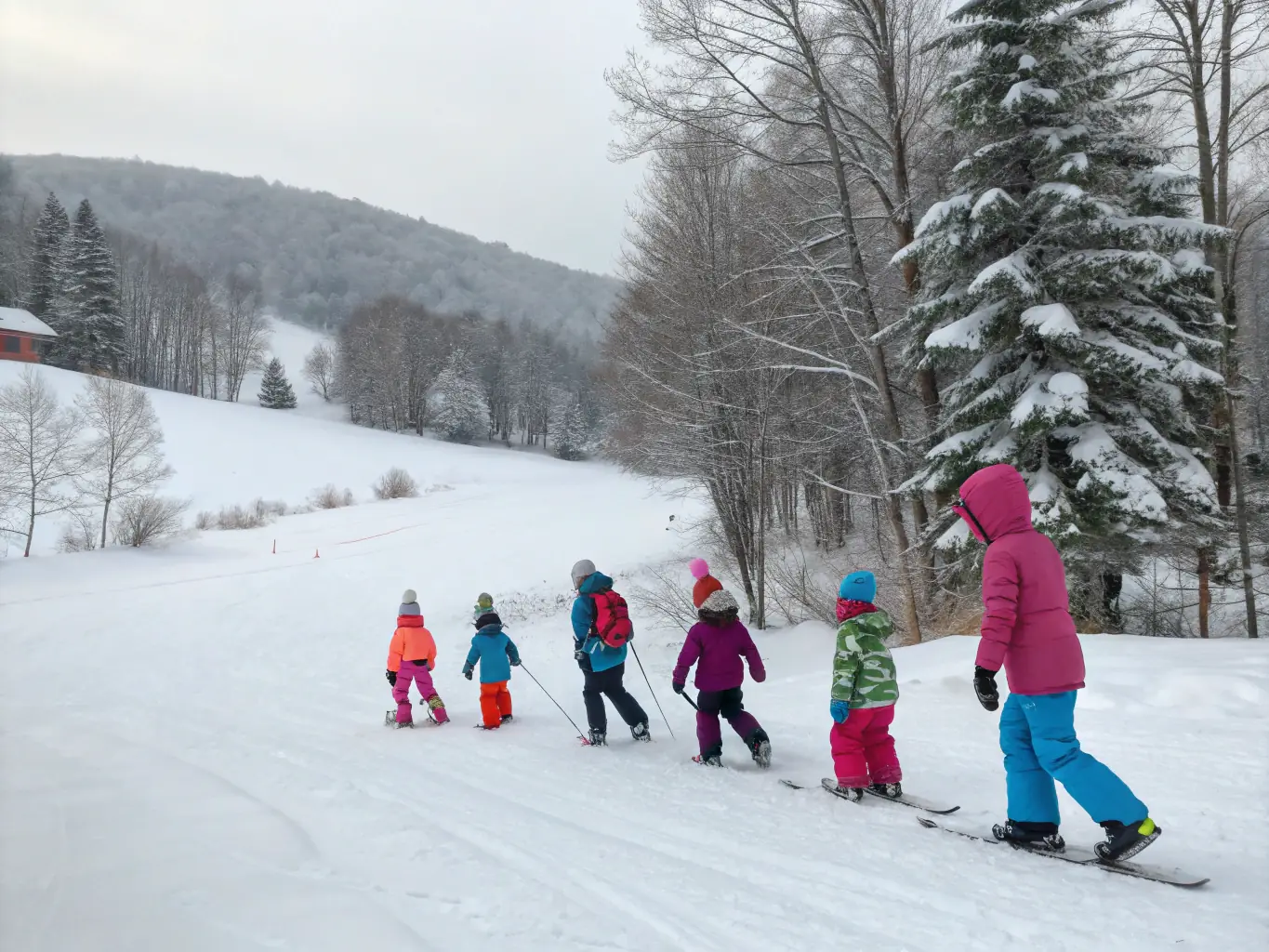 A group of SKI CLUB ALPIN MACONNAIS members participating in a beginner skiing lesson on a gentle slope, with an instructor providing guidance.