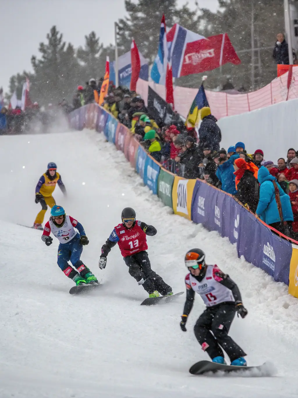 A team of alpine skiers racing down a slalom course, demonstrating speed and precision in a competitive setting.