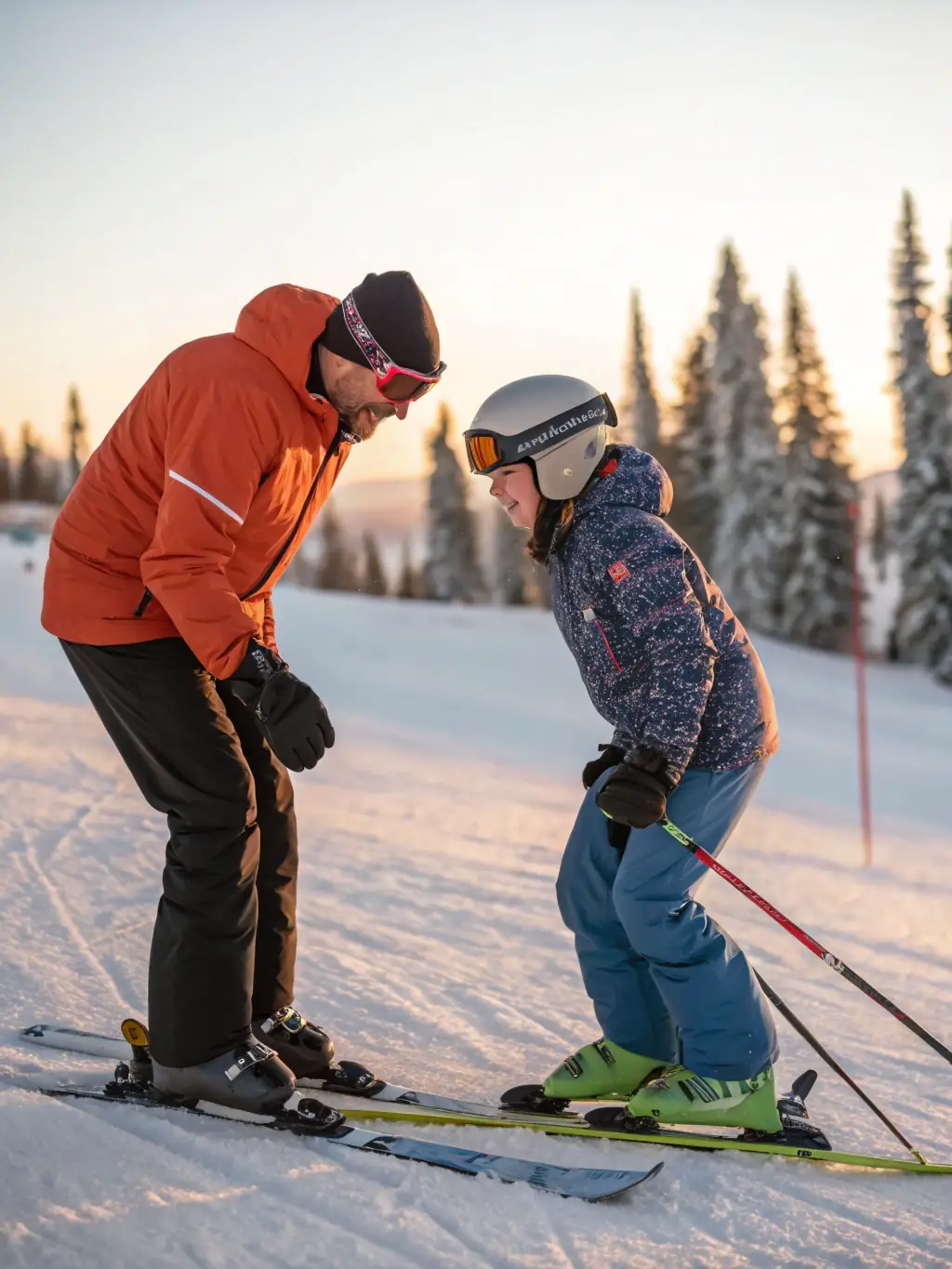 A group of skiers participating in a ski lesson on a gentle slope, with an instructor providing guidance and support.