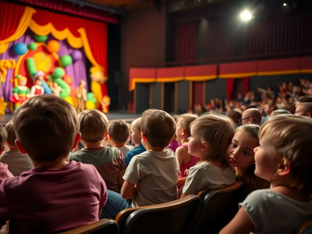 A heartwarming image of children watching a performance from one of La Pirouette Théâtre's shows for young audiences, with the stage decorated with colorful props and the actors engaging directly with the children.