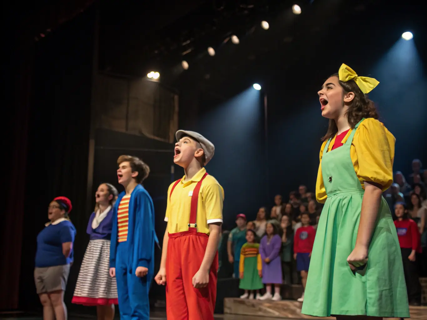 A captivating shot of a young audience watching a La Pirouette Théâtre production, capturing their expressions of wonder and delight.