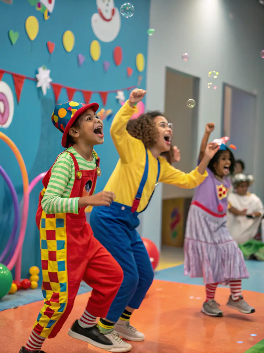 A group of children laughing and playing during a theater workshop, showcasing the fun and engaging atmosphere of La Pirouette Théâtre.