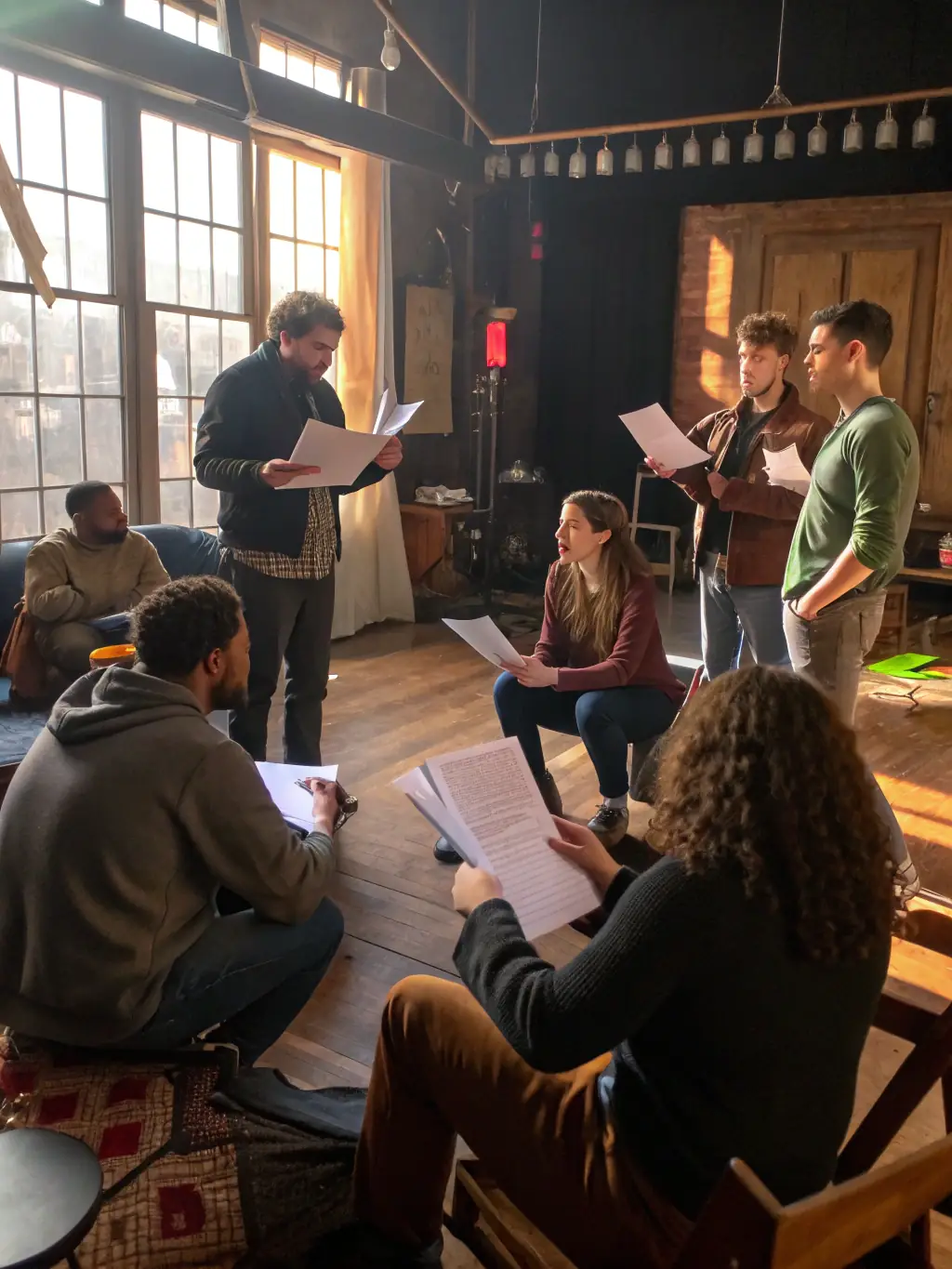 Adults rehearsing a scene from a comedy play, demonstrating the fun and camaraderie of adult theater workshops.