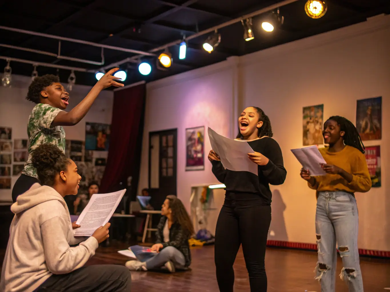 A vibrant photograph capturing children aged 7-9 participating in an acting exercise during a La Pirouette Théâtre workshop, showcasing their enthusiasm and engagement.