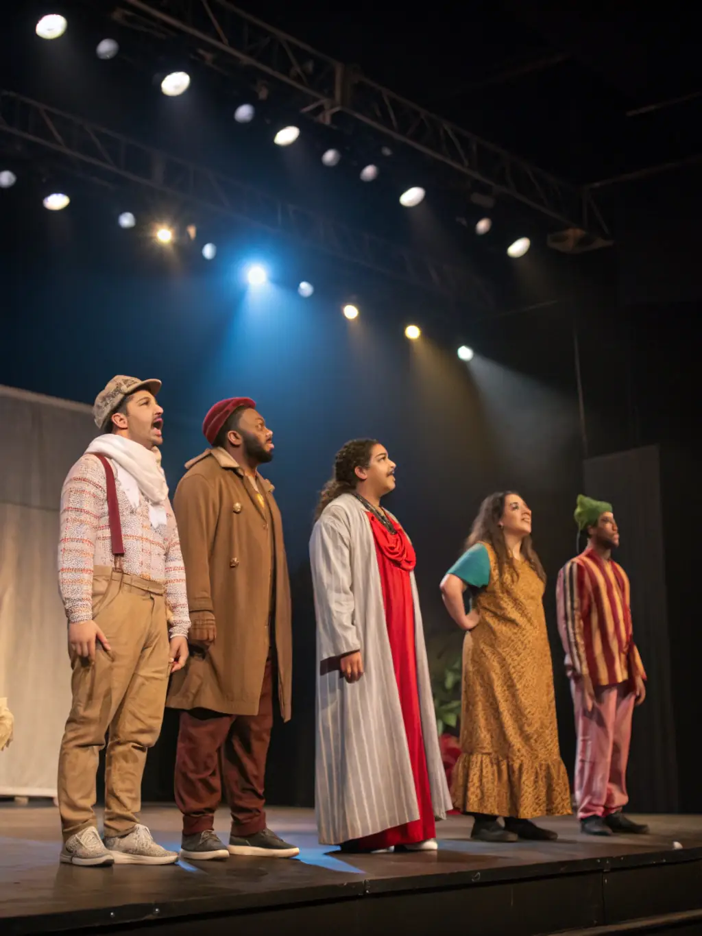 A diverse group of actors of all ages taking a bow after a successful performance, highlighting the inclusive nature of La Pirouette Théâtre.