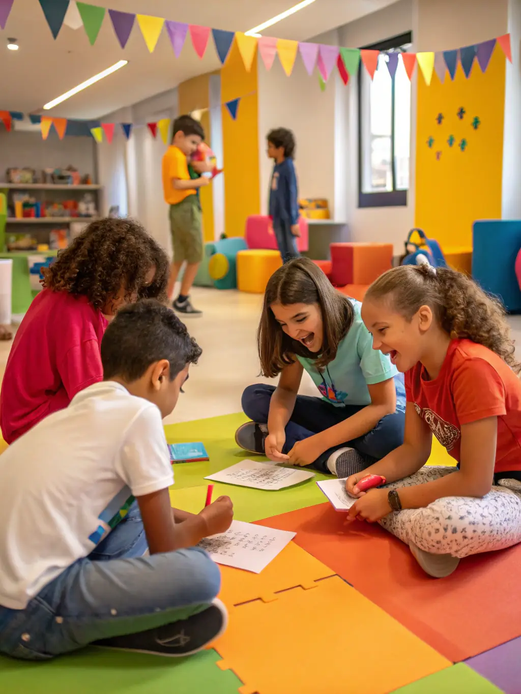 A group of young children enthusiastically participating in a theater workshop, with an instructor guiding them through an acting exercise.