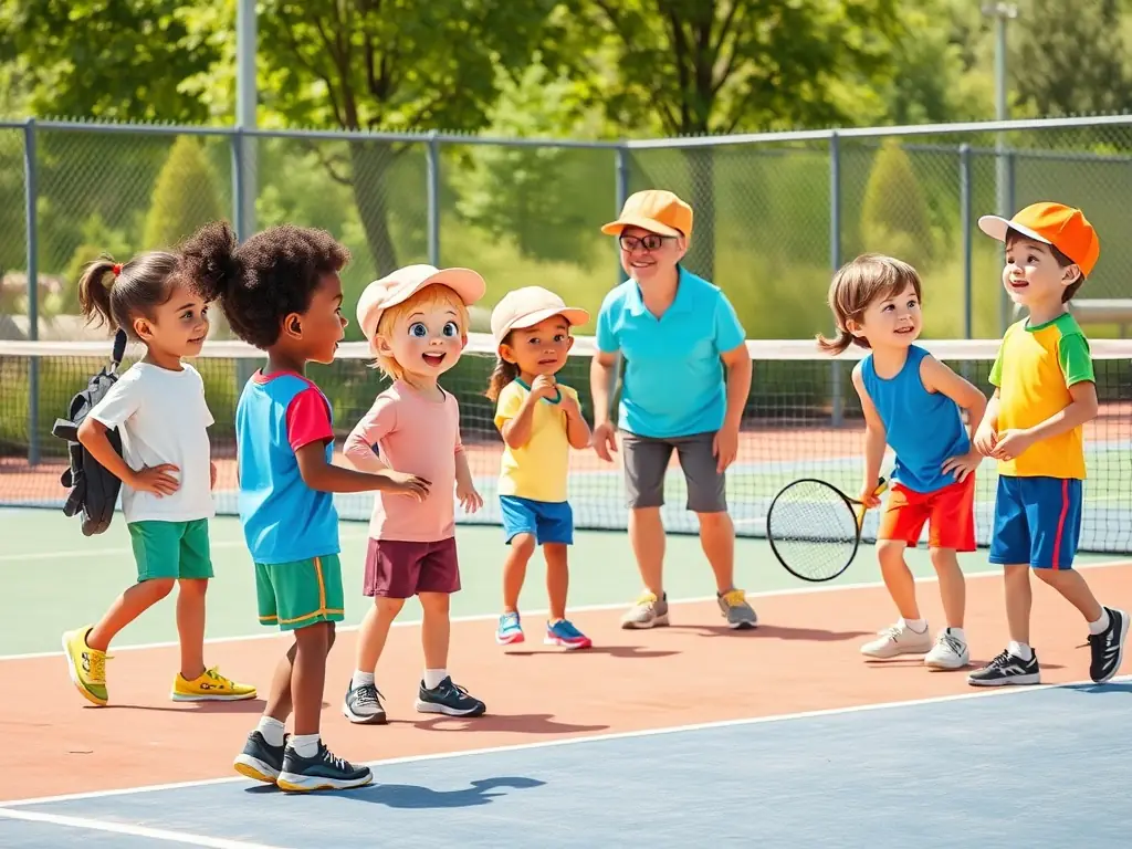 A vibrant image of children participating in a tennis clinic, focusing on fun and skill-building activities.
