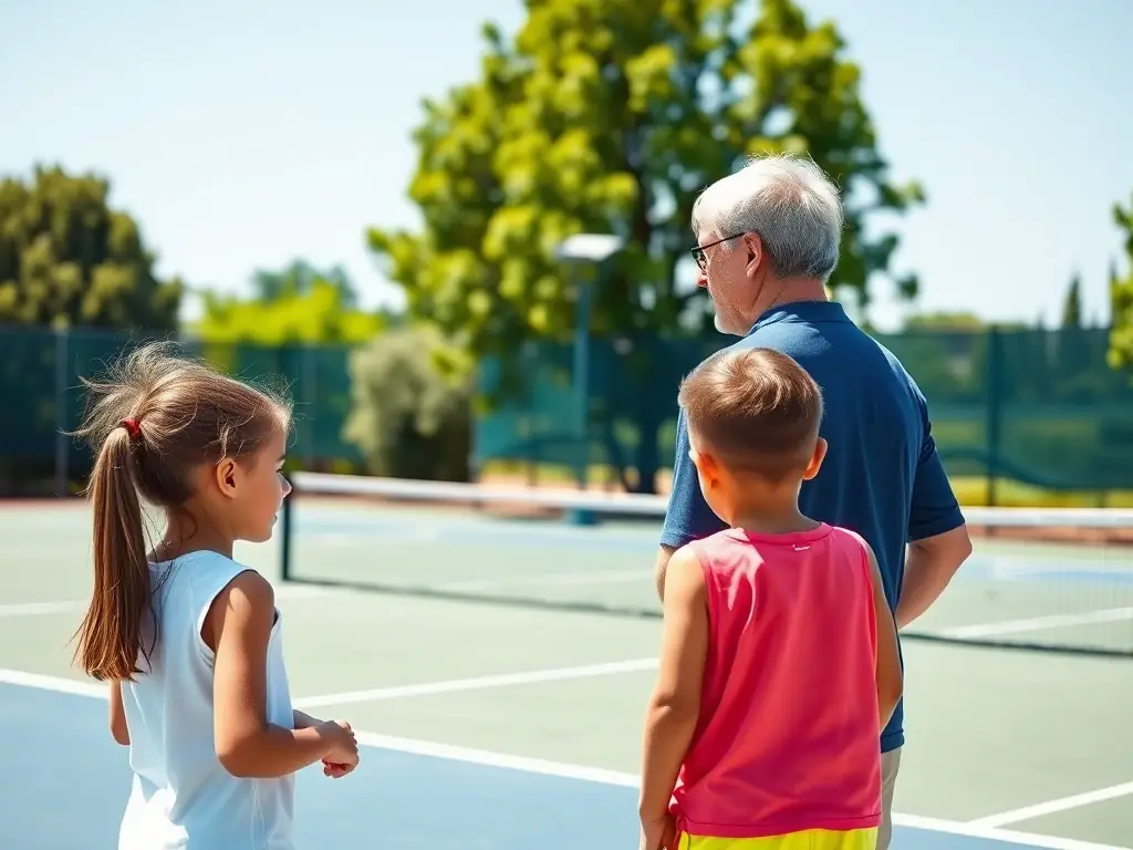 A group of children participating in a tennis lesson with a qualified coach on a sunny outdoor court at ASS ERVY TENNIS.