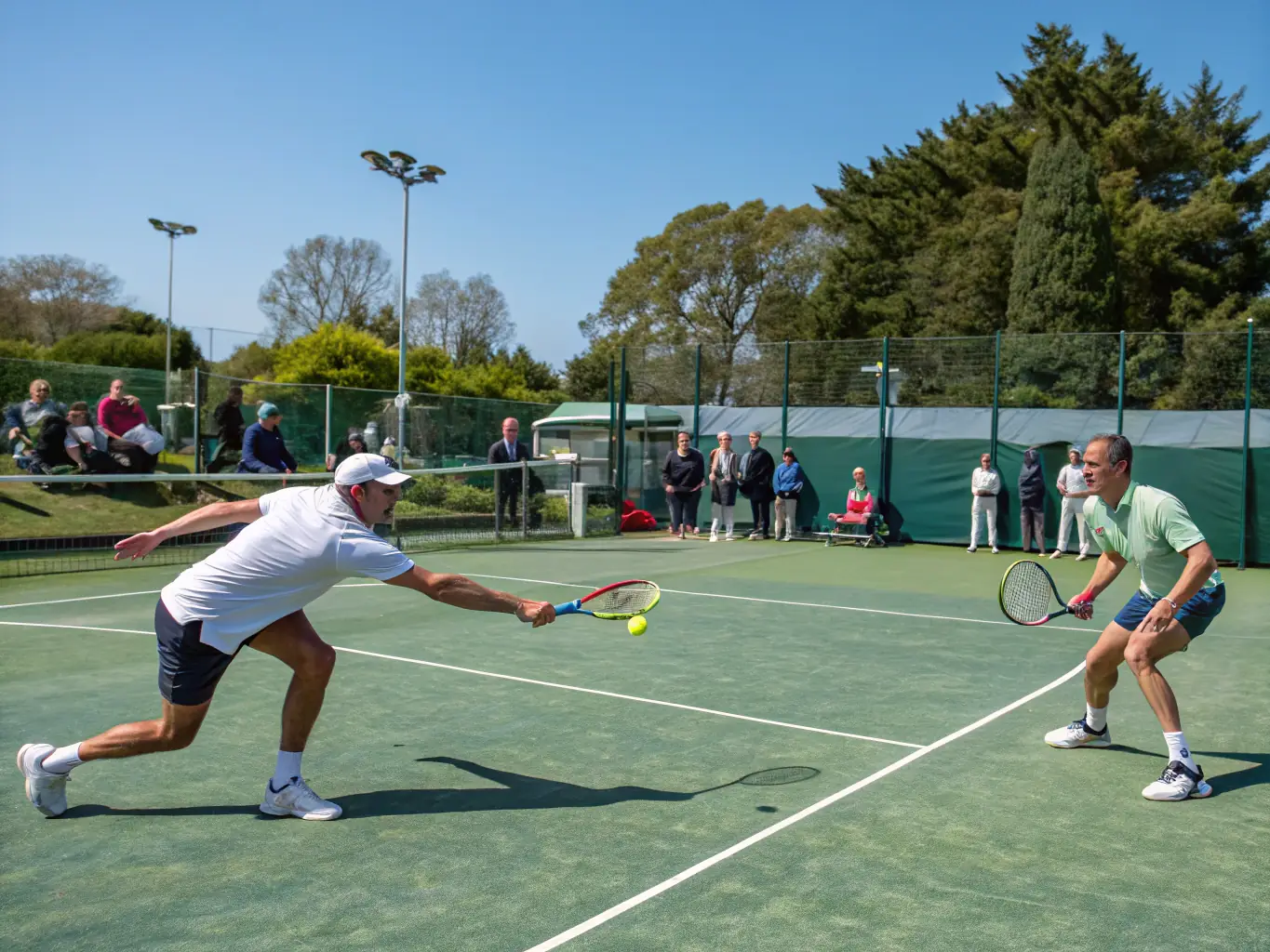 A dynamic image of adult players engaged in a competitive tennis match, showcasing skill and strategy.