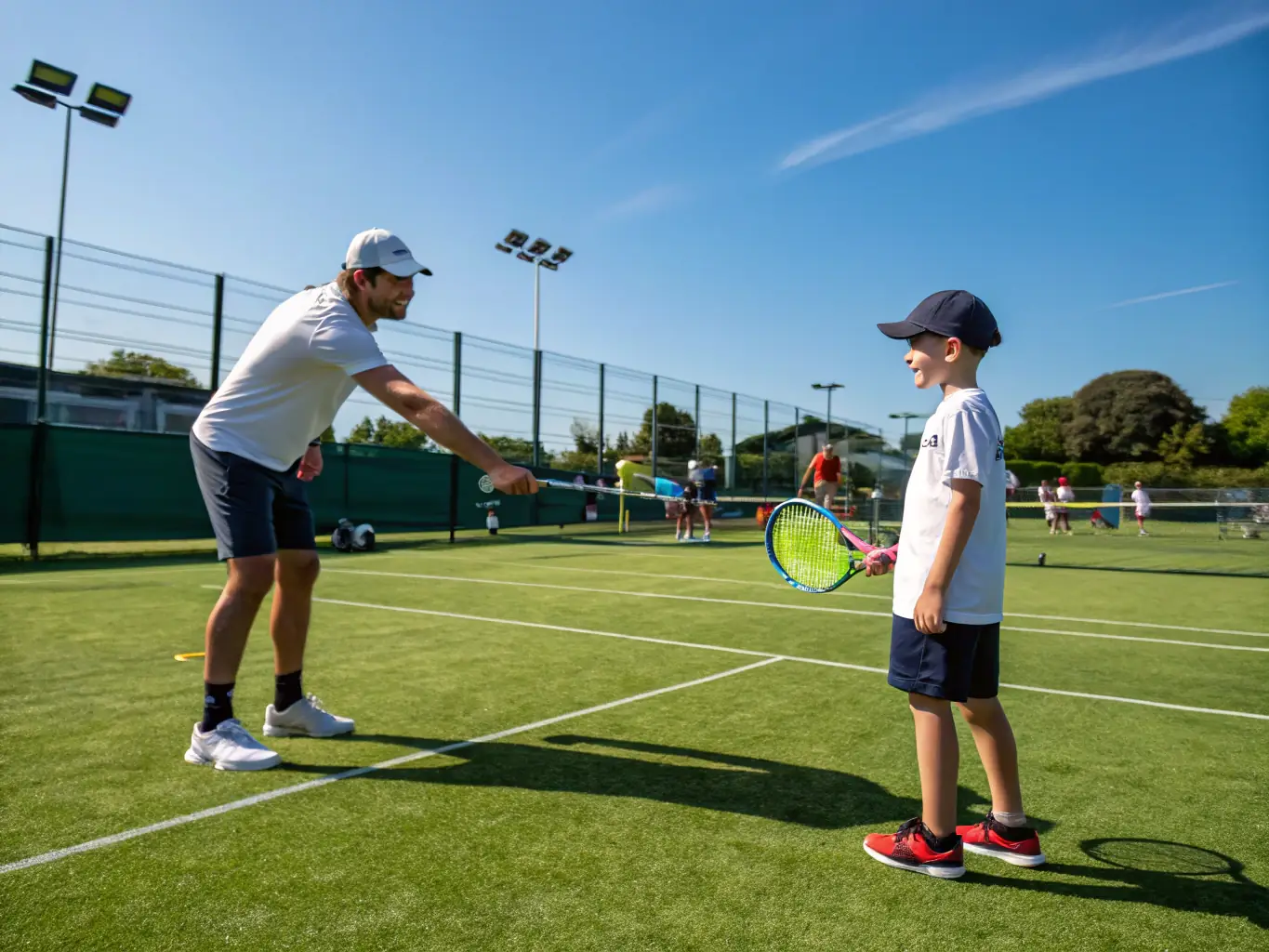 An image of a coach providing personalized tennis instruction to an individual player, emphasizing technique and improvement.
